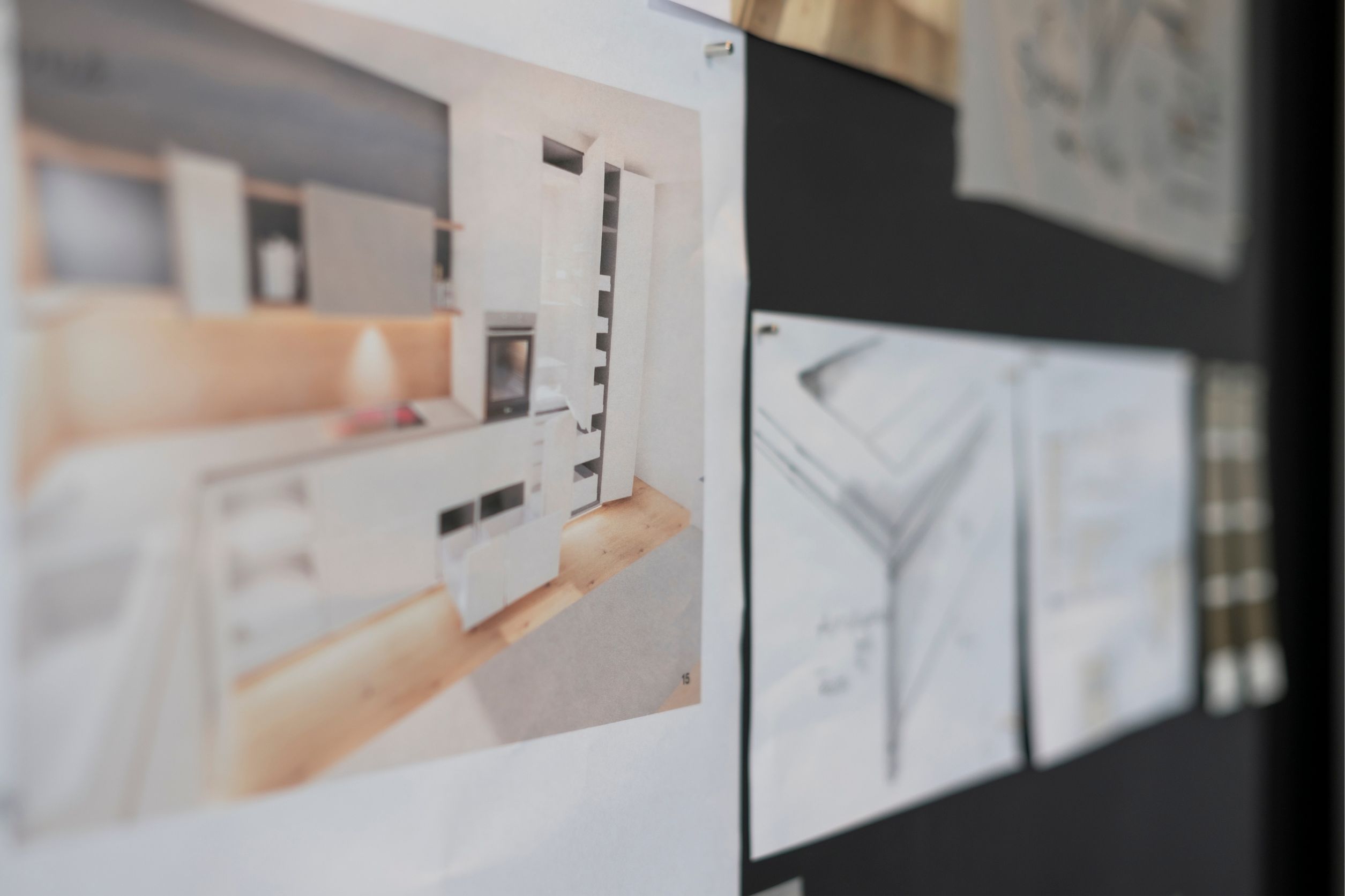 Moodboard mit Entwurf und Skizze einer Küchenplanung