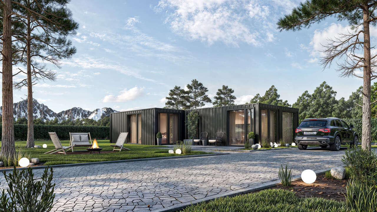 Schwarzer Wohncontainer modern ausgebaut in Gartenanlage